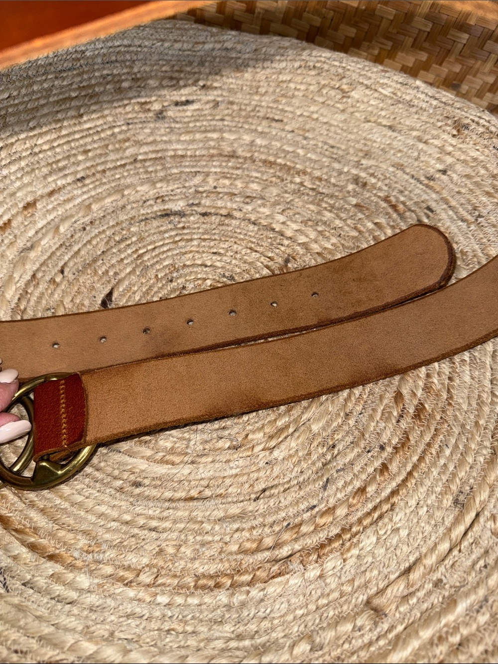 Genuine Leather Double Ring Belt Cognac Brown Brass Buckle Size L - Picture 7 of 8